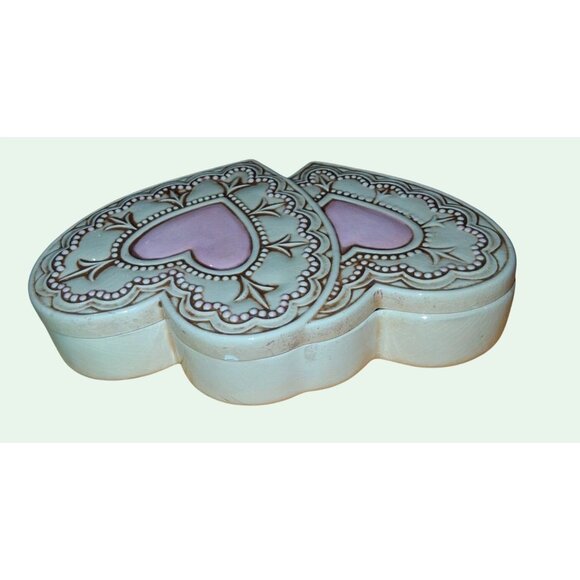 Vintage Heart-Shaped Ceramic Trinket Box With Pink  Beige Design - Picture 4 of 8
